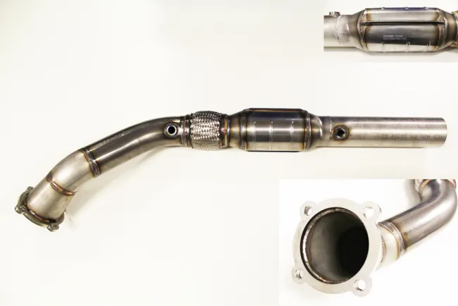 Downpipe 1.8T mit TÜV ECE (eintragungsfrei) Euro 3 + 4 für Golf 4, Audi A3 TT ø 76mm 200 Zellen Sportkat Flexrohr Interlock - Edelstahl
